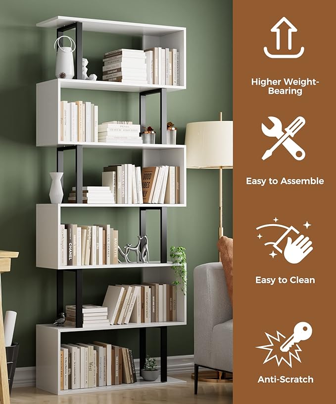 Gadroad 6 Tier Geometric Bookcase,S Shaped Bookshelf, Wood Decorative Storage Shelving, Modern Freestanding Display Shelves, Tall Book Shelf Unit for Living Room Bedroom, White