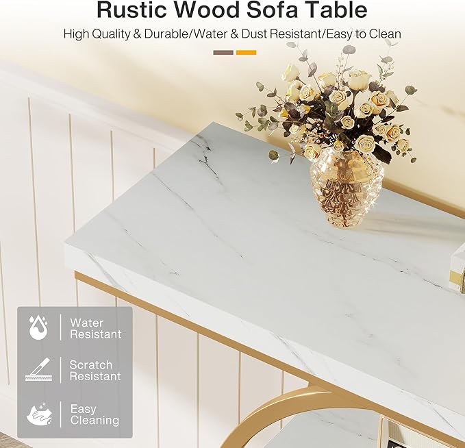 Tribesigns 41.3" Console Table, Industrial 4-Tier Sofa Entryway Table with Circle Base, Narrow Wood Accent Tables with Storage Shelves for Living Room, Hallway, Foyer, White Gold
