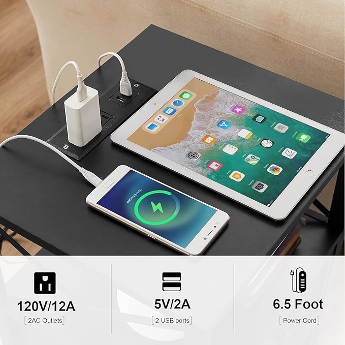VECELO Black End Table with USB Ports and Outlets,24 Inch Nightstands with Charging Station and Storage Shelf for Bedroom,Living Room, 1 Set