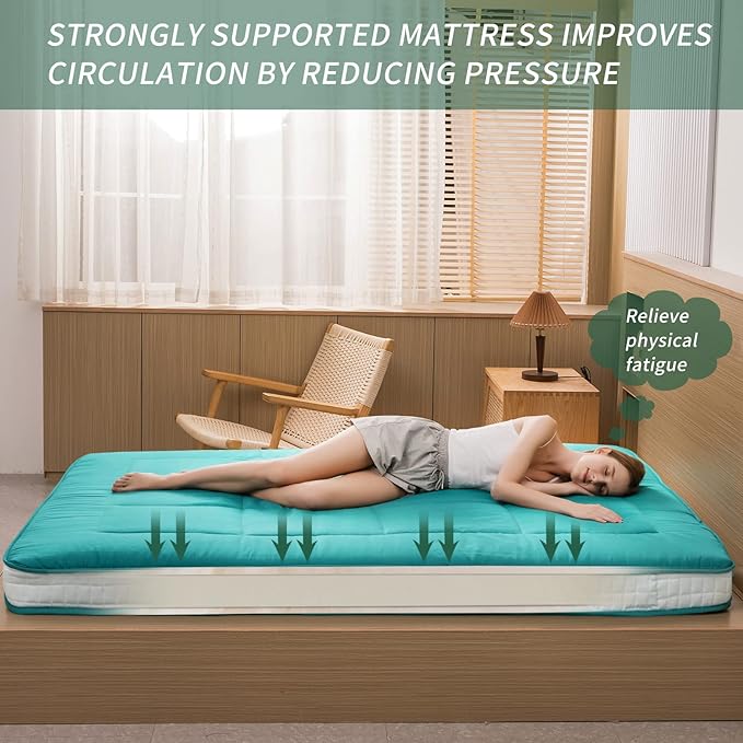 MAXYOYO Futon Mattress, Padded Japanese Floor Mattress Quilted Bed Mattress Topper, Extra Thick Folding Sleeping Pad Breathable Floor Lounger Guest Bed for Camping Couch, Turquoise, Queen