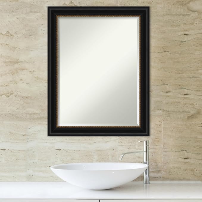 Amanti Art Black Bathroom Mirror for Over Sink, 28x22 Manhattan Black Rectangle Vanity Mirror, Medium Traditional Frame, Hangs Horizonally and Vertically, Bathroom Wall Decor, Beveled Edge