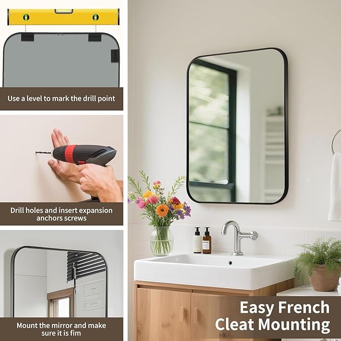 Black Bathroom Mirror, 40x30 Inch Aluminum Frame Rectangle Mirror, Anti-Rust, Tempered Glass, Wall Mirror for Over Sink, Vanity, Bedroom, Entryway, Horizontal/Vertical
