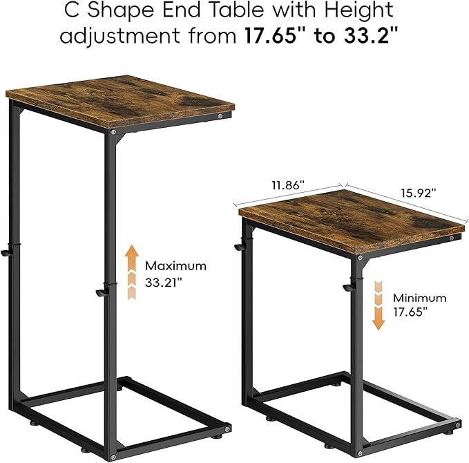 Vagusicc C Shaped End Table for Couch, 33.2'' Tall C Table Adjustable Height Side Table, Small Side Table for Small Spaces, Couch Tables That Slide Under, Tv Tray Table for Living Room, Rustic Brown