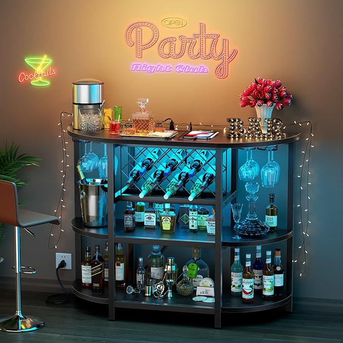 Zarler Bar Cart with Power Outlet Easy to Assemble, LED Home Bar Cabinet for Liquor, 47.3" L x 15.8" D x 36" H Metal Mini Bar Table with 4-Tier Storage, Black