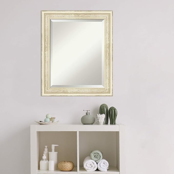 Amanti Art White Bathroom Mirror for Over Sink, 25x21 Country White Wash Rectangle Vanity Mirror, Small Rustic Farmhouse Wood Frame, Hangs Horizonally and Vertically, Bathroom Wall Decor, Beveled Edge
