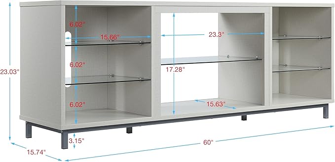 Manhattan Comfort Brighton 60" TV 7 Shelves, Tempered Glass Dividers and Media Wire Management, Modern Free-Standing Entertainment Center for Living Room, Fits up to 56" Television, OneSize, Beige