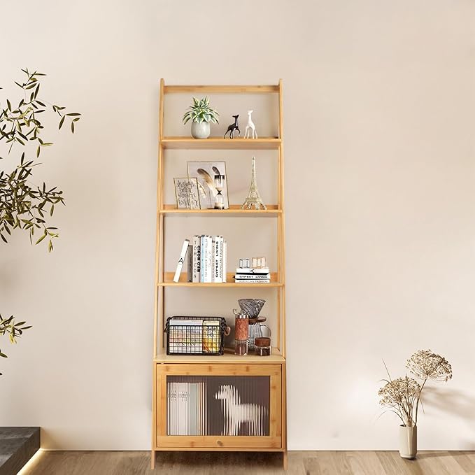 5-Tier Bamboo Ladder Bookshelf with Flip-Up Storage Cabinet - Large Capacity Mid Century Modern Bookcase, Space Saving Accent Furniture Open Display Rack Shelf for Bedroom Living Room Home Office