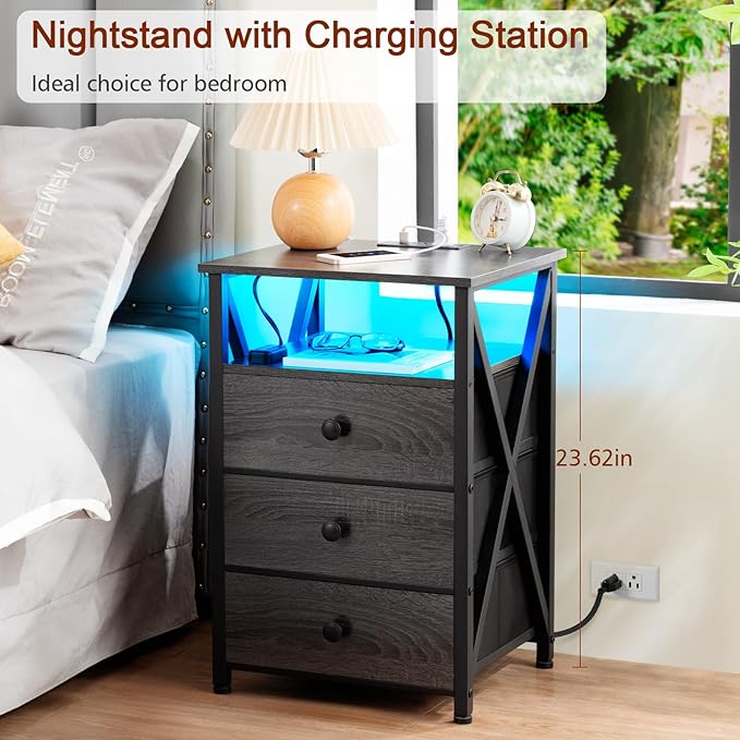 AMHANCIBLE LED Nightstand with Charging Station, Smart End Side Table with USB Port & Power Outlet, Bedside Table with Fabric Drawers for Bedroom, Living Room, Dark Grey, HET053LDG-1