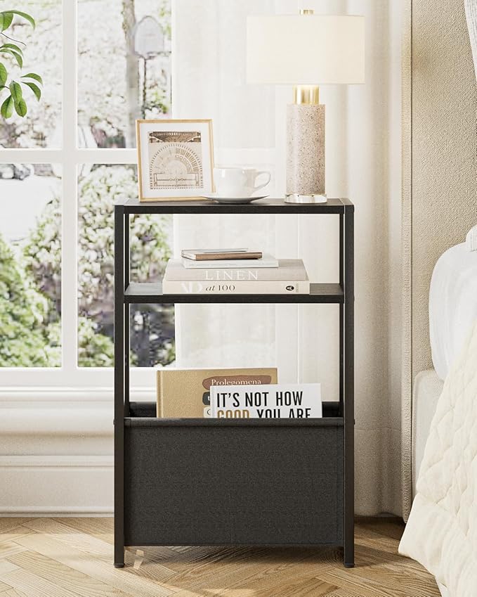 Narrow Side Table End Table, 3-Tier Side Table with Storage Bag, Narrow Nightstand for Small Spaces, Bedside Table for Living Room, Bedroom, Black