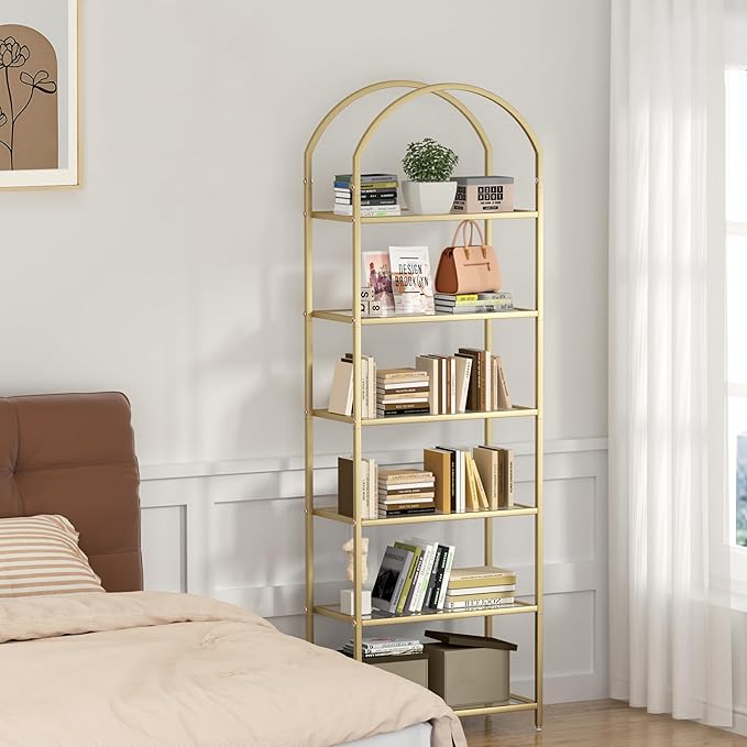Homhedy Bookshelf Arched Display Racks,Metal Bookcase,Tempered Glass Shelves,Storage Rack Shelf for Home Office,Living Room,Bedroom, Bathroom,Modern Style (Golden, 11.8" D x 23.6" W x 73.6" H)
