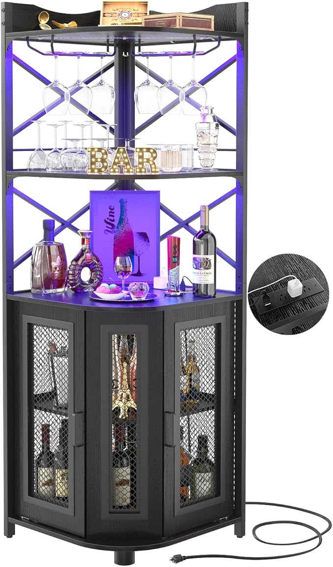 Aheaplus Corner Bar Cabinet with Power Outlet, Industrial Wine Cabinet with LED Strip and Glass Holder, 5-Tiers Liquor Cabinets Bar Unit for Home, Corner Display Cabinets for Small Space, Black