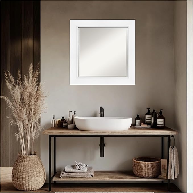 Amanti Art White Bathroom Mirror for Over Sink, 26x26 Sloped White Square Vanity Mirror, Medium Modern Contemporary Frame, Hangs Horizonally and Vertically, Bathroom Wall Decor, Beveled Edge