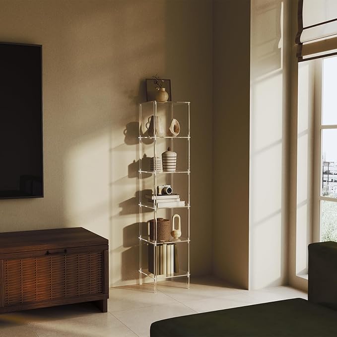 6 Tier Square Acrylic Bookshelf, Small Bookcase with Acrylic Fittings for Fixing to Wall, Corner Display Shelf for Living Room, Bedroom, Bathroom, Small Spaces, Clear, 11.6'' W x 53.9'' H