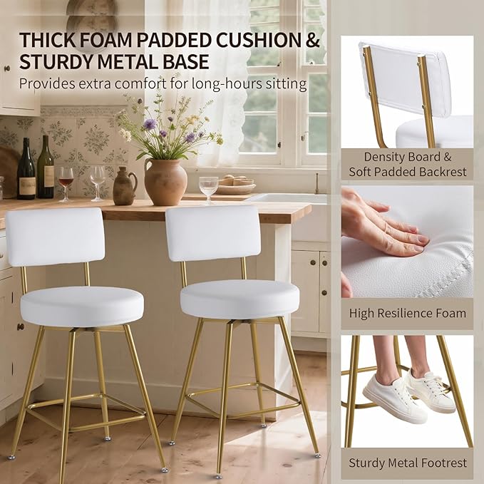 Gold White Bar Stools Set of 2, Modern Counter Height Bar Stools, 25" Upholstered Swivel Round Barstools with Back Bar Chair Island Stool for Kitchen Counter, White Gold
