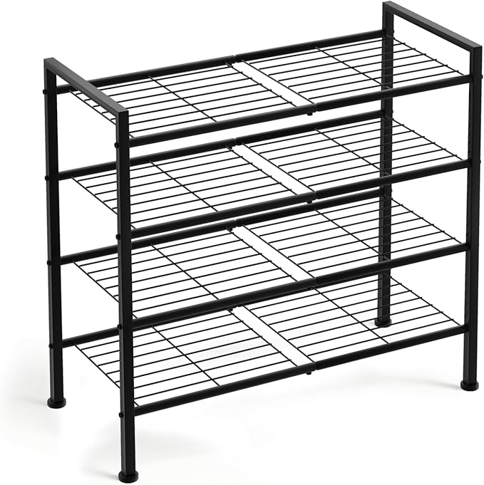 Simple 4 Tier Shoe Rack,Metal Stackable Shoe Storage Organizer for Closet,Entryway, Bedroom, Black (Black, 4-Tier)