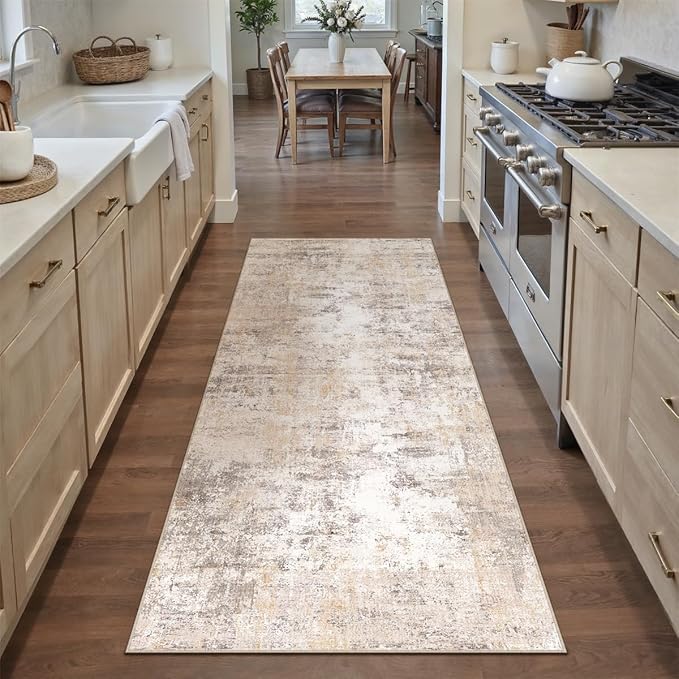 2x6 Washable Runner Rug Beige Grey Neutral Abstract Hallway Kitchen Living Room Bedroom Non Slip Throw Rug Soft Low Pile Indoor Carpet for Entrance Laundry Bathroom