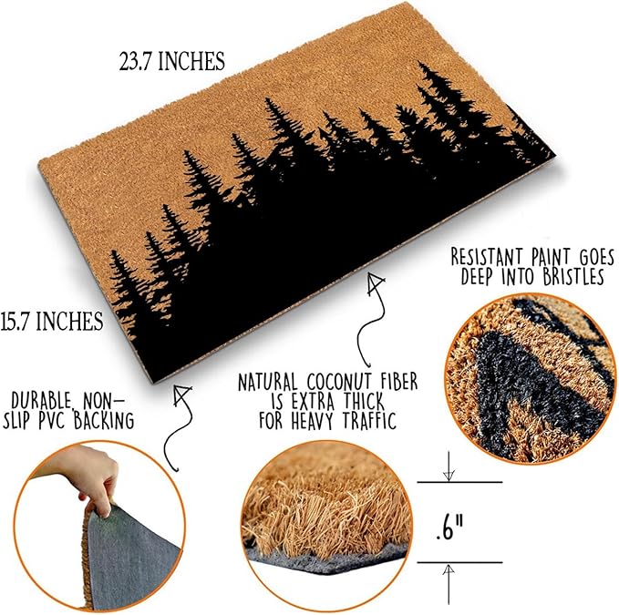 Funny Coir Doormat Tree Line Forest Landscape Front Door Mats Entryway Outdoor Mat with Heavy Duty Front Porch Welcome Mats Entry Natural Coir Brown Prank Novelty Gift Outdoor Mat 23.7x15.7 inch