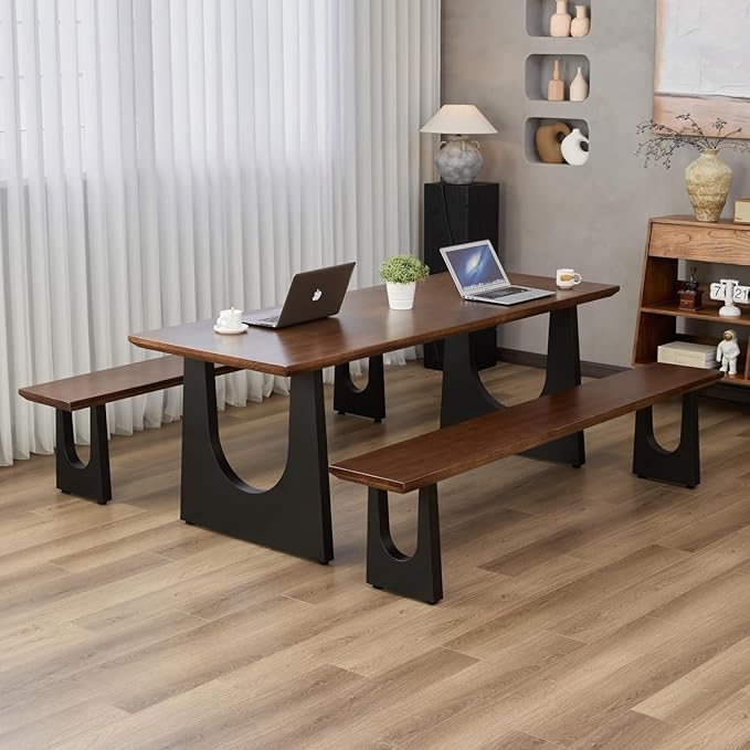 Walnut Color Long Bench Solid Wood Top Metal Legs U-Shaped Design Durable Sturdy Dining Bench Ideal for Office Home Restaurant Patio Multiple (Bench, 62.99in)