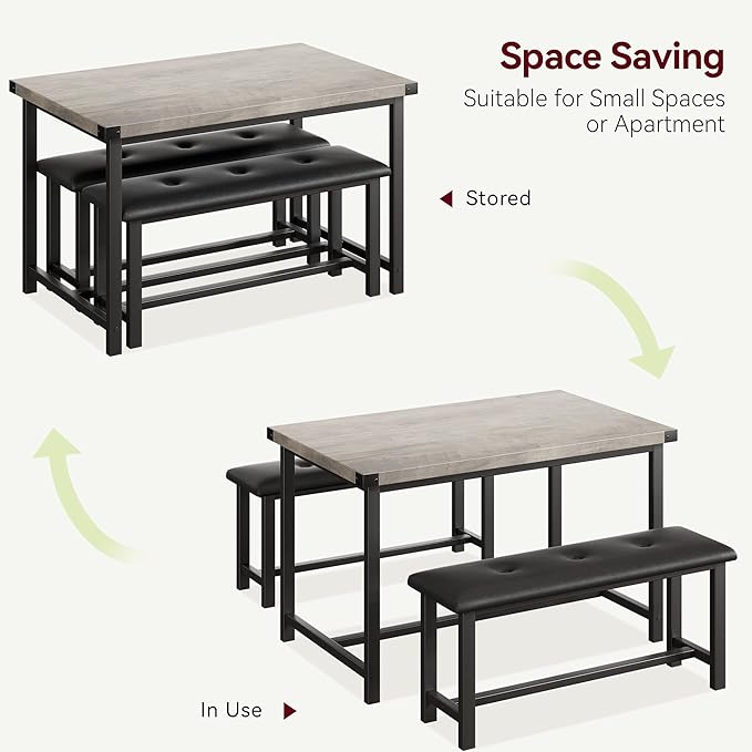 Dining Table Set for 4, Kitchen Table with 2 Upholstered Benches, 3-Piece Dining Room Set for Kitchen, Apartment and Small Spaces, Gray