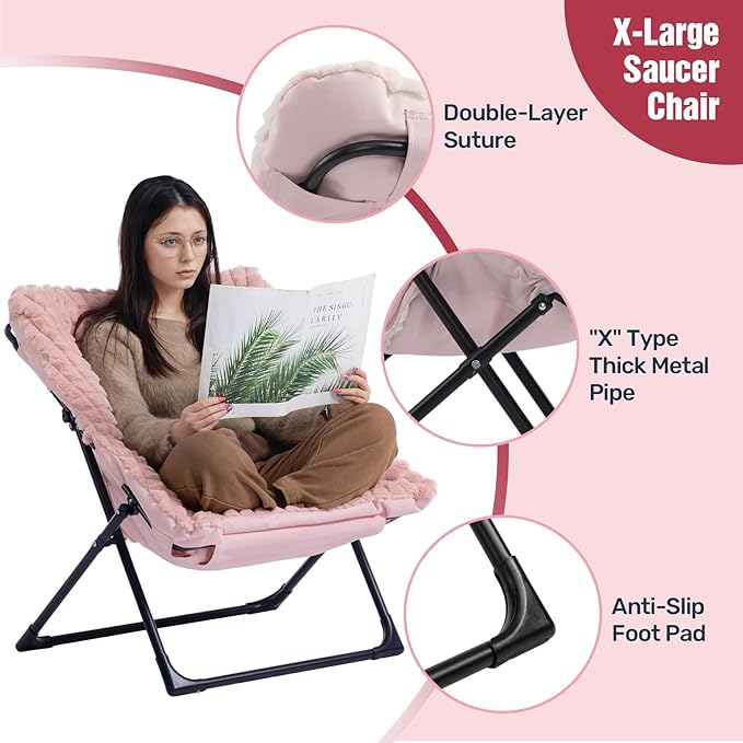 HollyHOME X-Large Saucer Chair with Foldable Ottoman, Comfy Oversized Folding Chair and Folding Footrest Stool Set, Faux-Fur Reading Chair and Footstool for Living Room, Bedroom, Pink Chair&Stool