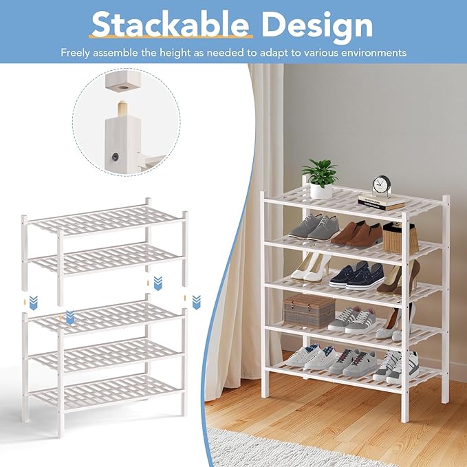 Haddockway Large 3 Tier Bamboo Shoe Rack Storage Organizer, Multifunctional Free Standing Stackable Shoe Shelf with Grid Panel for Closet,Hallway,Entryway,Small Space 27"x12"x21"(White, 3-Tier(Large))