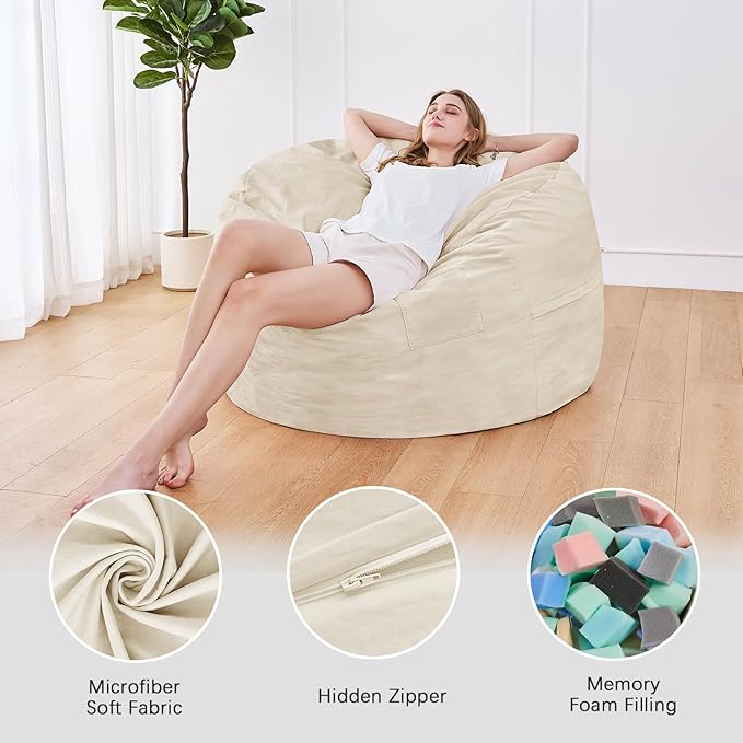Bean Bag Chairs for Adults - Giant Bean Bag Chair Convertible Bean Bag Bed - Beanbag Chair with Micro Fiber Cover/Furniture Foam Filler - Floor Couch Sofa in Bedroom Dorm Room - Full Beige
