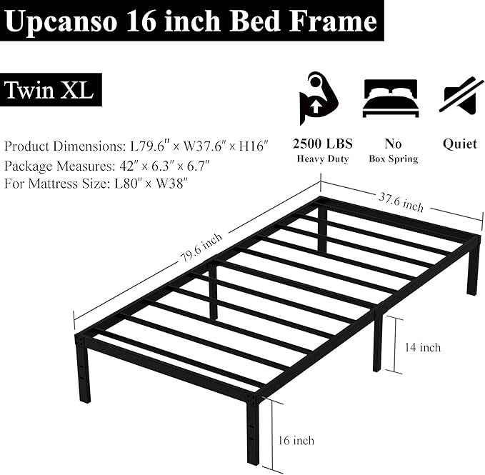 16 Inch Twin XL Bed Frames, Metal Platform Twin XL Bed Frame with Storage, 2,500 lbs Heavy Duty Steel Slats Support, Easy Assembly Mattress Foundation, Black