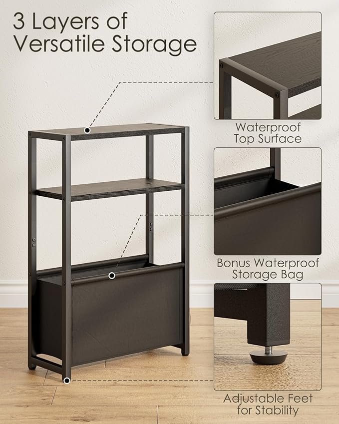 Narrow Side Table End Table, 3-Tier Side Table with Storage Bag, Narrow Nightstand for Small Spaces, Bedside Table for Living Room, Bedroom, Black