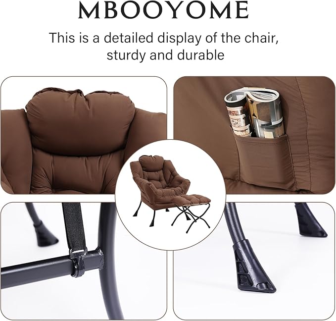 Lazy Chair with Folding Ottoman, Modern Accent Lounge Armchair with Armrests and a Side Pocket & Foldable Footstool, Leisure Reading Chair for Living Room, Bedroom, Dorm & Office, Dark Brown