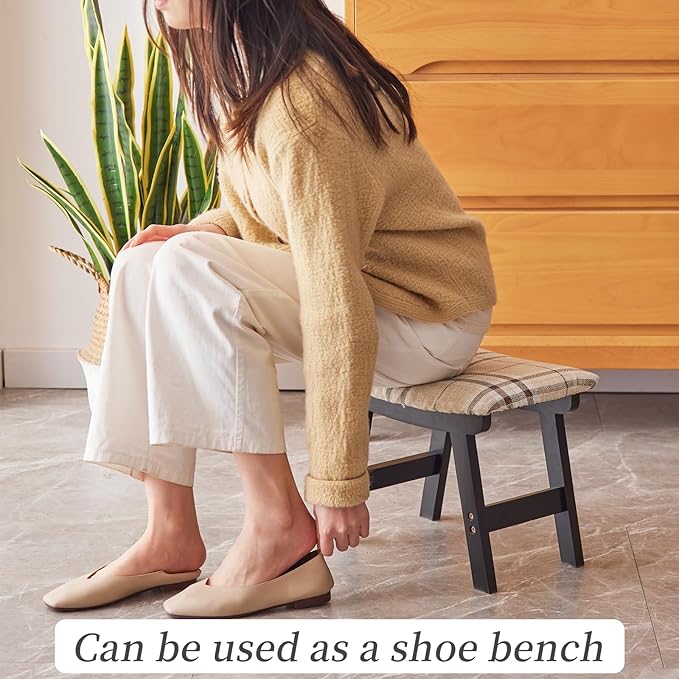 Foot Stool,Ottoman,Bamboo Small Sofa Foot Rest Under Desk,Extra Seating for Living Room, Bedroom and Kitchen (Black Stool Legs - Stripes Surface)