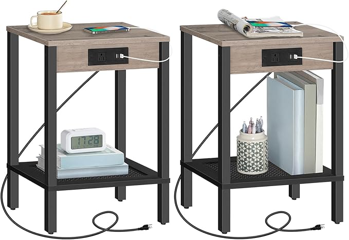 HOOBRO Side Table with Charging Station, Set of 2 End Tables with USB Ports and Outlet, Nightstand with 2-Tier Storage Shelf, for Living Room, Bedroom, Small Space, Greige and Black BG91UBZP201