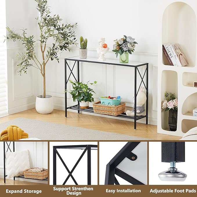 Wimarsbon Console Table,Multifunctional Sofa Side Table with Shelves,Behind Couch TV Tables with Metal Frame,Accent Display Stand for Hallway,Entrance (41.9" 2-Layer White Faux Marble + Black Frame)