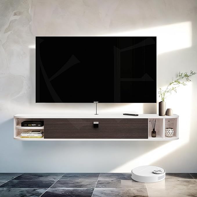 Pmnianhua Floating TV Stand,47'' Under TV Shelf,Floating TV Console,Wall Mounted TV Cabinet,Floating Entertainment Center with Storage for Bedroom Living Room(Gray-White)