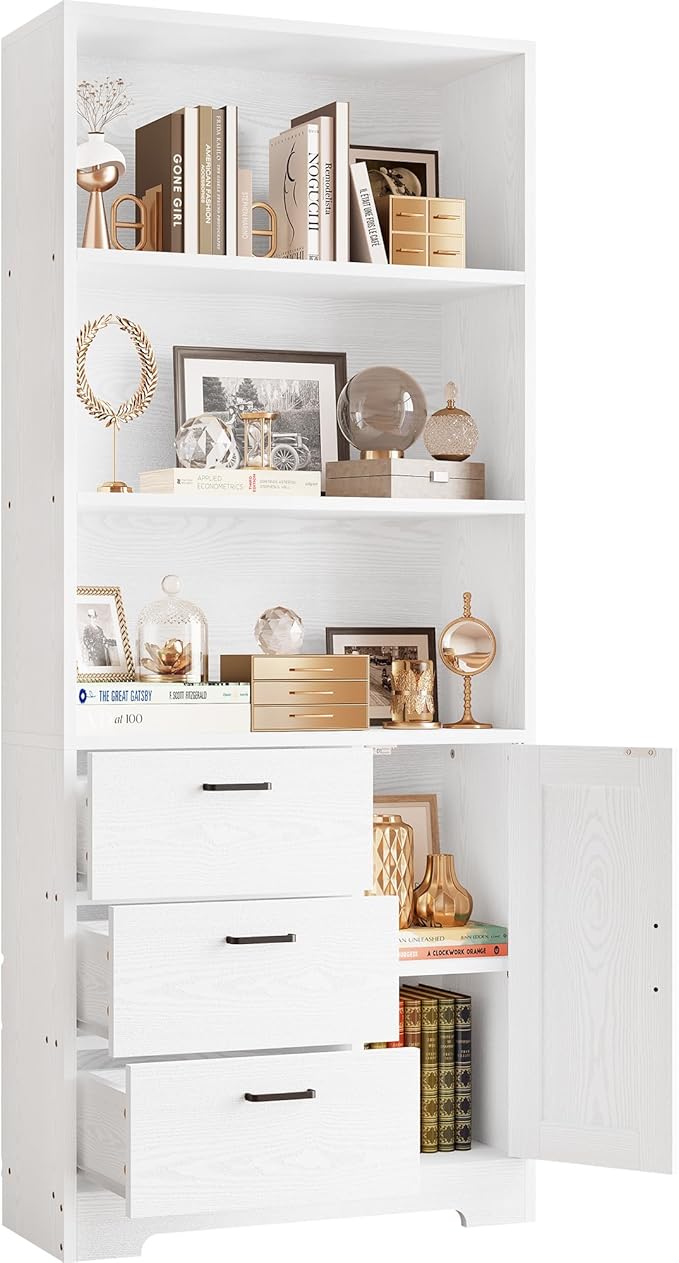 IRONCK Bookshelf with Door and 3 Drawers, 71in Tall Bookcase Shelf with 3-Tier Shelves, for Bedroom Living Room Entrance Hallway Home Office