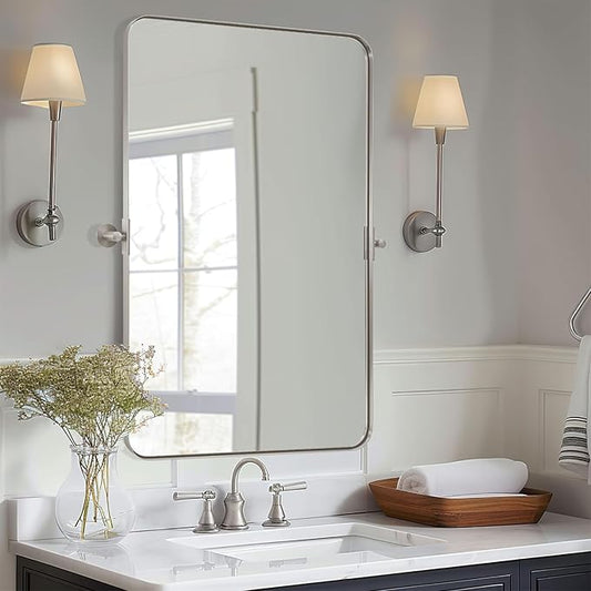 MOON MIRROR Brushed Nickel Pivot Mirror for Bathroom, Tilt Rounded Rectangle for Vanity, Overall 28.33 x 32 in (Mirror 24x 32 in)