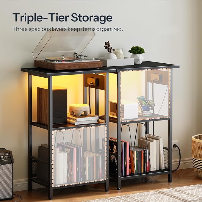 HOOBRO Record Player Stand with Charging Station and LED, Turntable Stand with Storage, 3 Tier End Table Hold Up to 100 Albums, Record Table for Vinyl, Living Room, Black BB06UDRS01