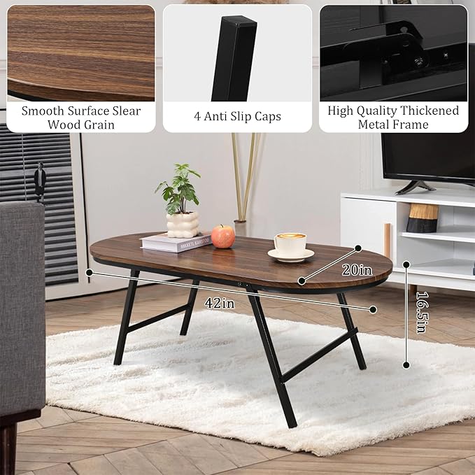 Folding Coffee Table for Small Spaces Wood and Metal Oval Coffee Tables No Assembly Low Coffee Table for Living Room, Home, Office, Rustic Brown