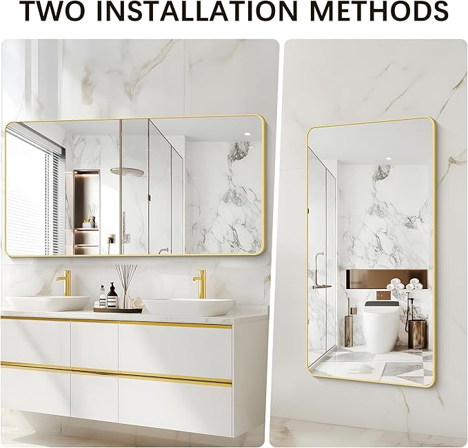 55x30 Inch Gold Bathroom Mirror, Metal Framed Gold Rectangle Mirrors, Rounded Rectangular Vanity Mirror, Large Wall Mounted Mirrors for Living Room Bedroom Entryway Hangs Horizontal or Vertical