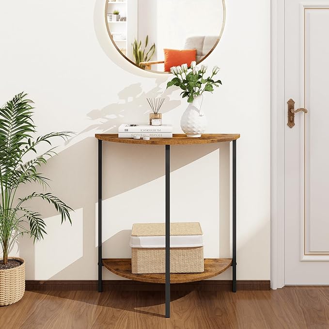 Homode Half Moon Table, Small Entryway Table, Half Round Entry Table, Narrow Half Circle Console Tables for Small Spaces, Hallway, Wood Front Entrance Tables, Rustic Brown and Black