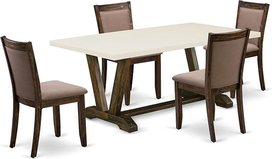 East West Furniture V727MZ748-5 5 Piece Dining Room Furniture Set Includes a Rectangle Dining Table with V-Legs and 4 Coffee Linen Fabric Upholstered Chairs, 40x72 Inch, Multi-Color