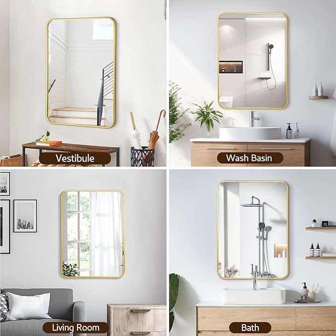 20x28 Rounded Rectangle Bathroom Mirrors for Over Sink, Gold Vanity Mirror with Metal Frame Wall Mounted, Modern Farmhouse Mirror for Restroom, Bedroom, Entryway Decor