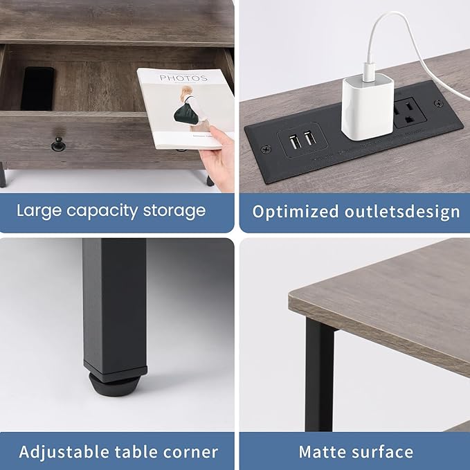 3 Wooden Drawers Night Stand, 27 Inch Wide Nightstand with Charging Station and Adjustable Drawers, Bedside Table for Living Room/Bedroom/Office, Gray.