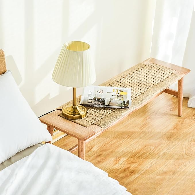OOKSEN Entryway Bench, Solid Wood Dining Bench, 31.5" Wooden End of Bed Benches, Midcentury Modern Bedroom Benches Stool with Hand-Woven Rope for Kitchen Living Room Hallway