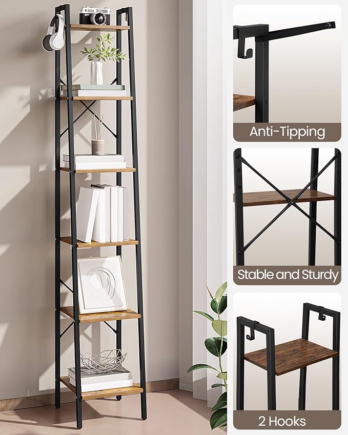 Ladder Shelf, Bookshelf Bookcase, Freestanding Corner Storage Shelve with 2 Hooks for Home Office, Living Room, Kitchen, Bedroom, Industrial, 6-Tier Rustic Brown BC13301B