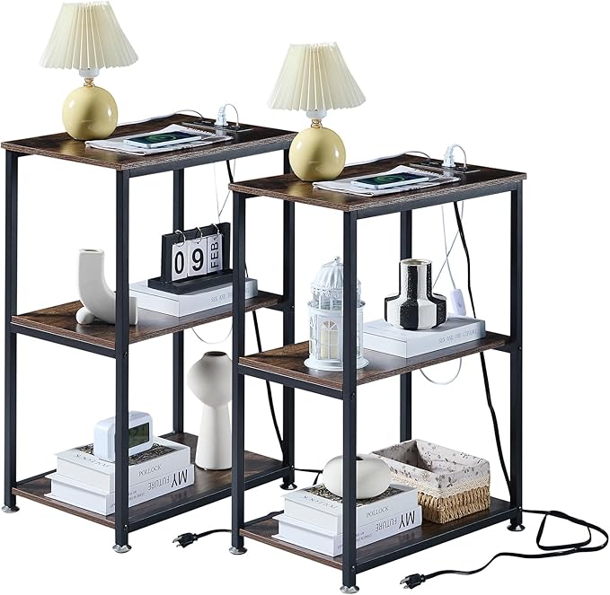 VECELO Tall End Table with Charging Station, Side Table with USB Ports and Outlets, 30" Height Nightstand with 3-Tier Storage Shelf for Living Room Bedroom Office Hallway Study