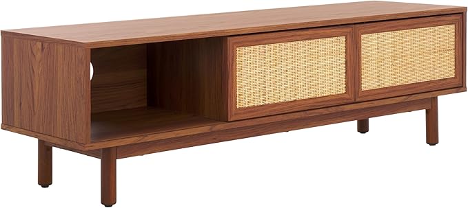 SAFAVIEH Aino TV Stand for up to 60" Flatscreen – Walnut Brown, 2 Sliding Doors with Interior Storage, 1 Open Shelf, Entertainment Media Console (MED9619A)