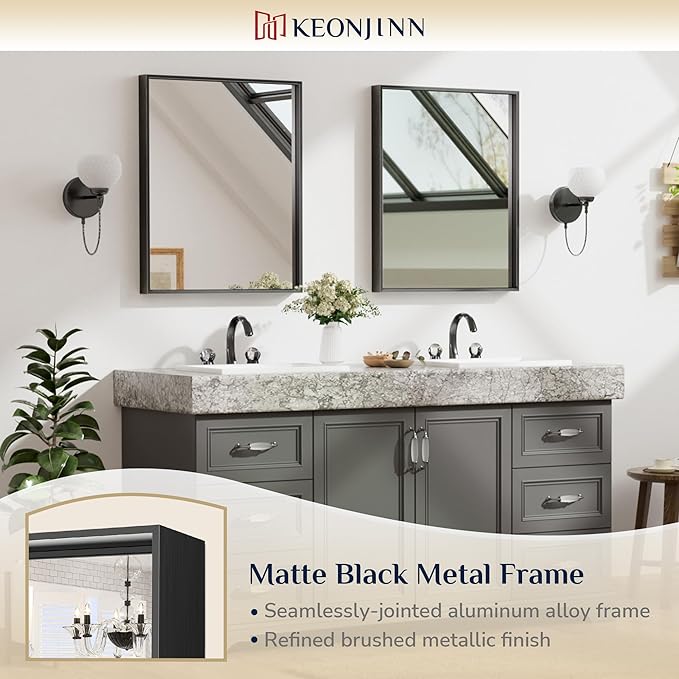 Keonjinn Black Bathroom Mirror 16 x 20 Inch Metal Framed Matte Black Mirror, Rectangular Wall Mount Mirror Square Corner Modern Farmhouse Bathroom Vanity Mirror for Over Sink(Horizontal/Vertical)