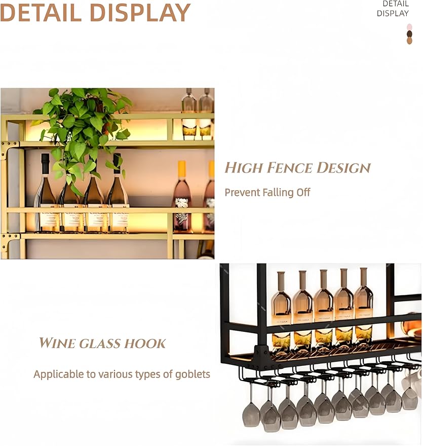 Metal Wall-Mounted Wine Rack with LED Light - 3 Tier Wine Storage Display Rack with Glass Holder - Space-Saving Bottle Display Shelf for Home Bars, Dining Rooms(Black, 79in/200cm)