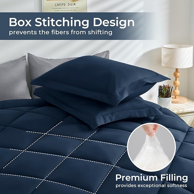 HEVUMYI Twin-XL Comforter Set - 5-Piece All Season Bed in a Bag Twin-XL, Ultra Soft Bedding Set with Comforter, Flat Sheet, Fitted Sheet, Pillowcases, Pillow Shams, Navy Blue & Light Grey