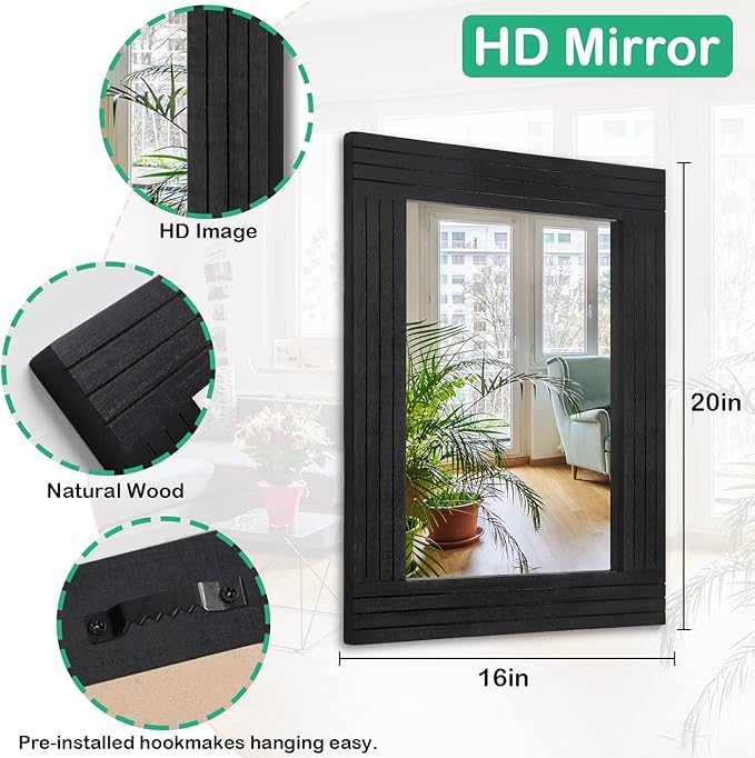 Black Vintage Rustic Wood Framed Wall Mirror Farmhouse Rectanglular Antique Decor Hanging Mirror for Bathroom Bedroom Living Room Entryway Large 20"x16"